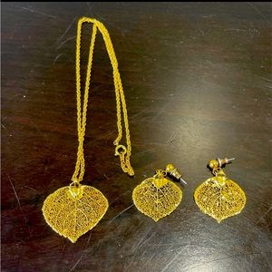 Gold tone Dipped Aspen Leaf Necklace and Earrings set